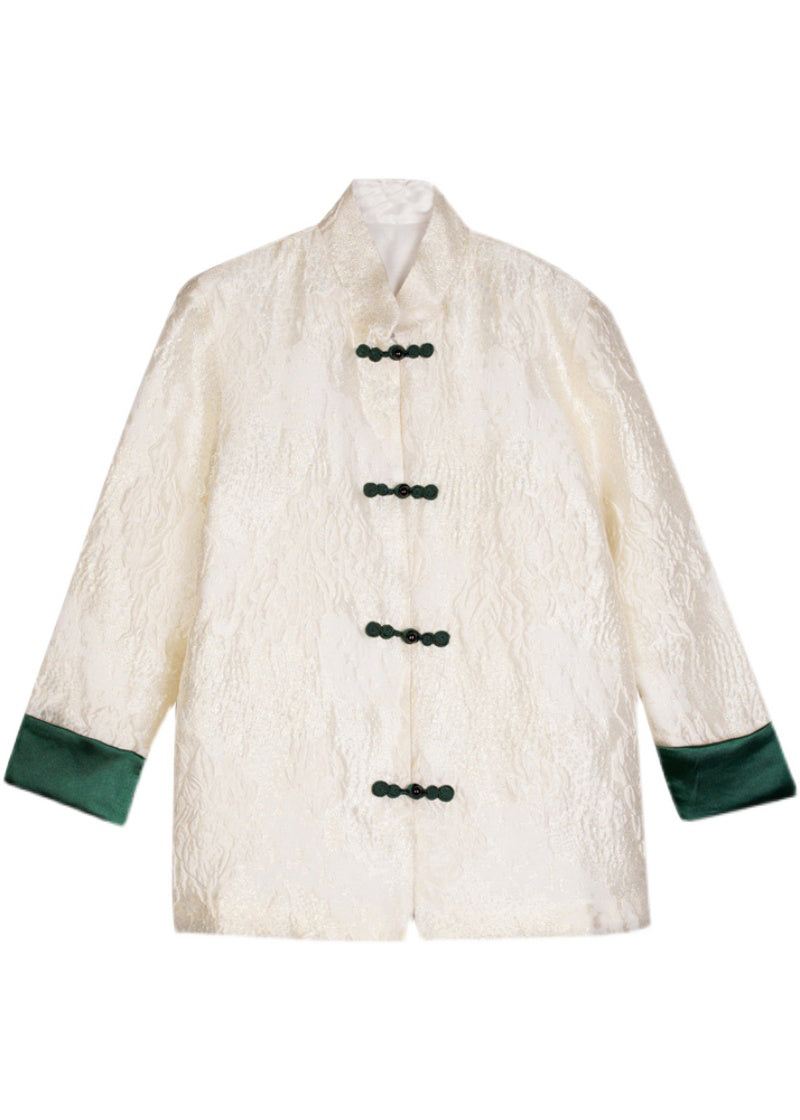 Boutique White Stand Collar Jacquard Silk Coat Langermet - Vinterfrakker for kvinner