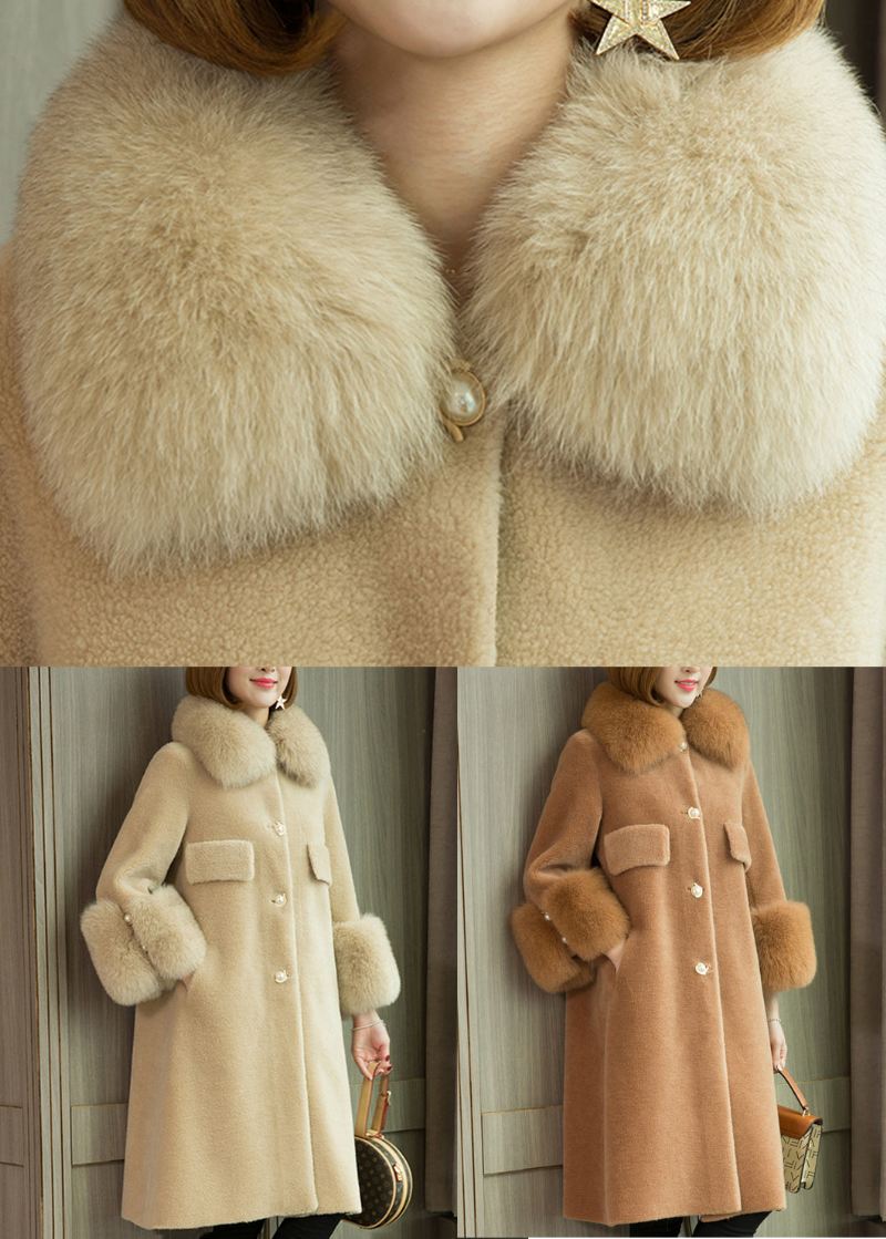 Camel Button Patchwork Teddy Faux Fur Coats Peter Pan Krage Langermet - Vinterfrakker for kvinner