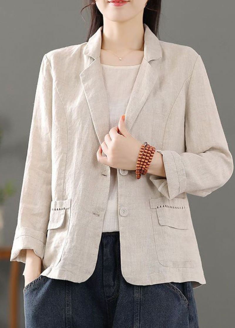 Casual Beige Lommer Patchwork Button Lin Kåper Spring - Vinterfrakker for kvinner