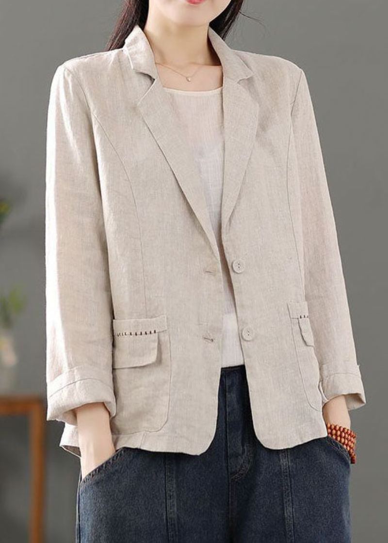 Casual Beige Lommer Patchwork Button Lin Kåper Spring - Vinterfrakker for kvinner