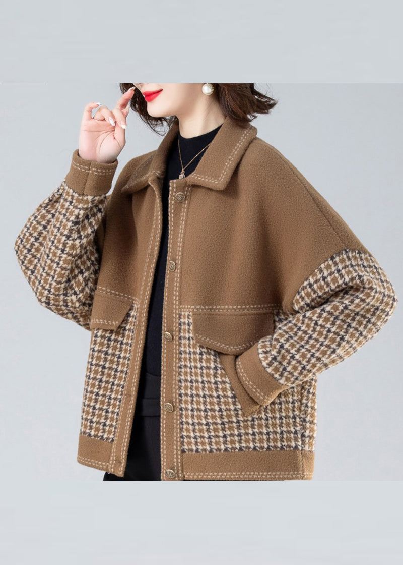 Casual Camel Peter Pan Krage Print Patchwork Coats Langermet - Kamel