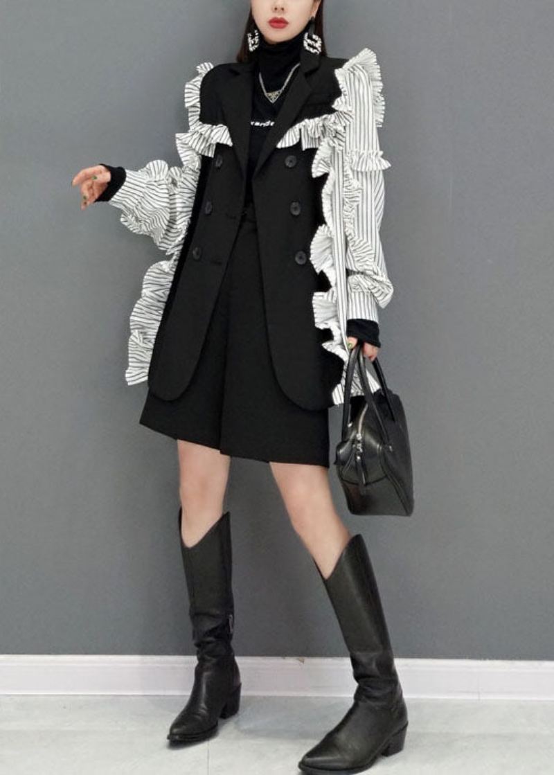 Casual Colorblock Peter Pan Krage Patchwork Ruffles Coat Spring