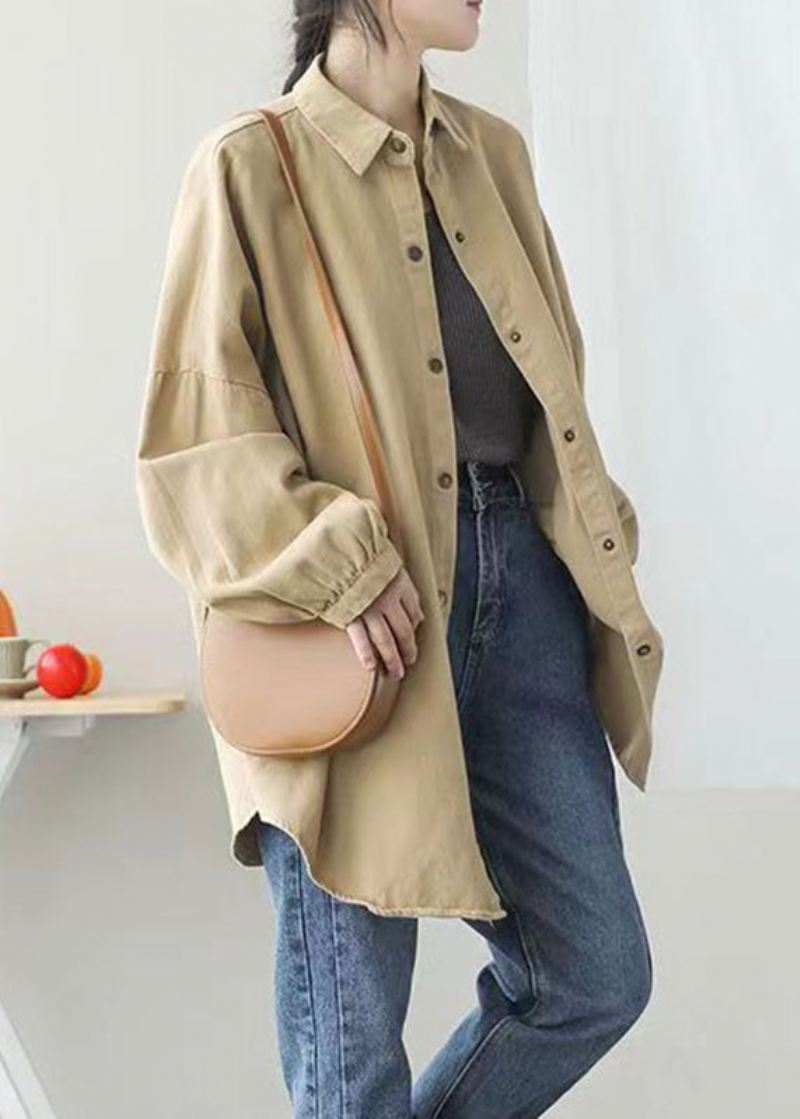 Casual Khaki Peter Pan Krage Lommer Knapp Mid Coat Lanterne Erme - Vinterfrakker for kvinner