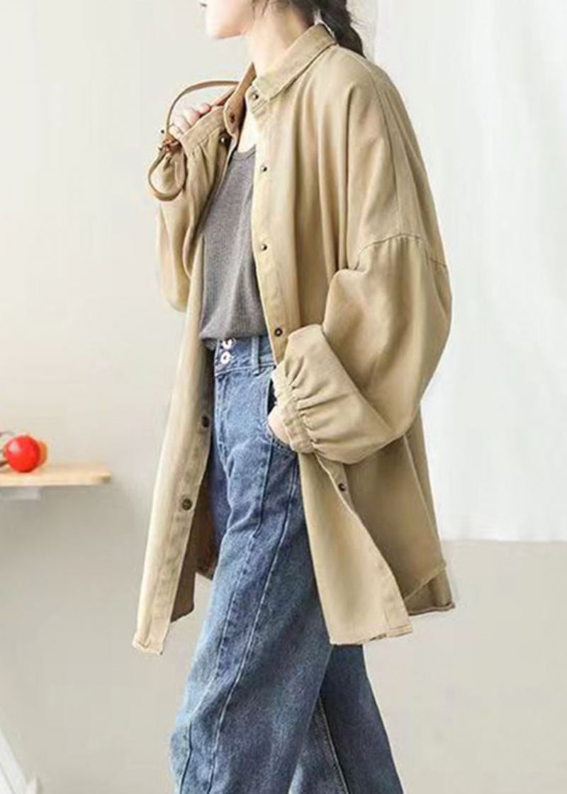 Casual Khaki Peter Pan Krage Lommer Knapp Mid Coat Lanterne Erme - Vinterfrakker for kvinner