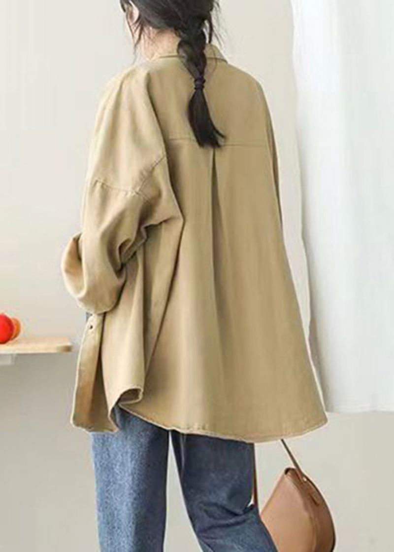 Casual Khaki Peter Pan Krage Lommer Knapp Mid Coat Lanterne Erme - Vinterfrakker for kvinner