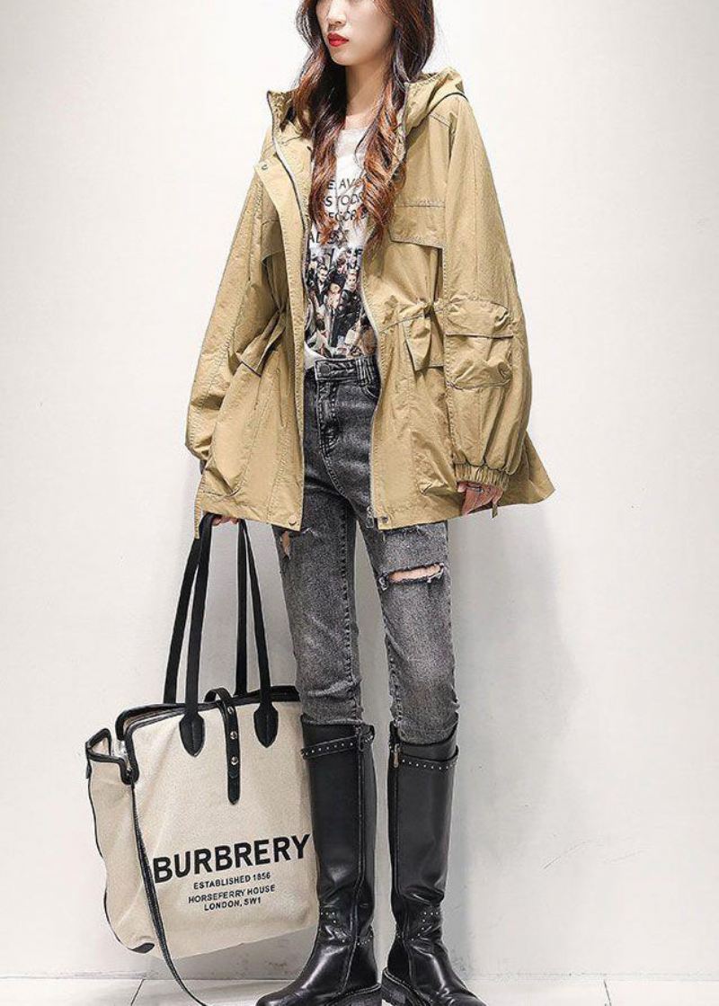 Casual Khaki Zip Up Lommer Snøring Bomulls Hette Trench Spring