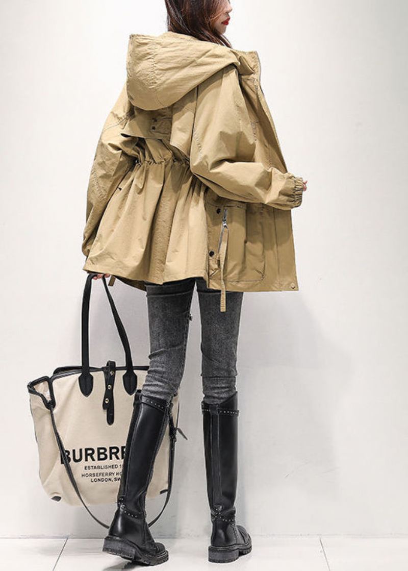 Casual Khaki Zip Up Lommer Snøring Bomulls Hette Trench Spring - Vinterfrakker for kvinner