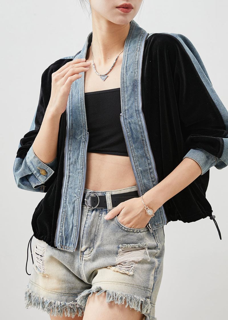 Chic Black Zip Up Patchwork Silk Velvet Denim Coats Spring