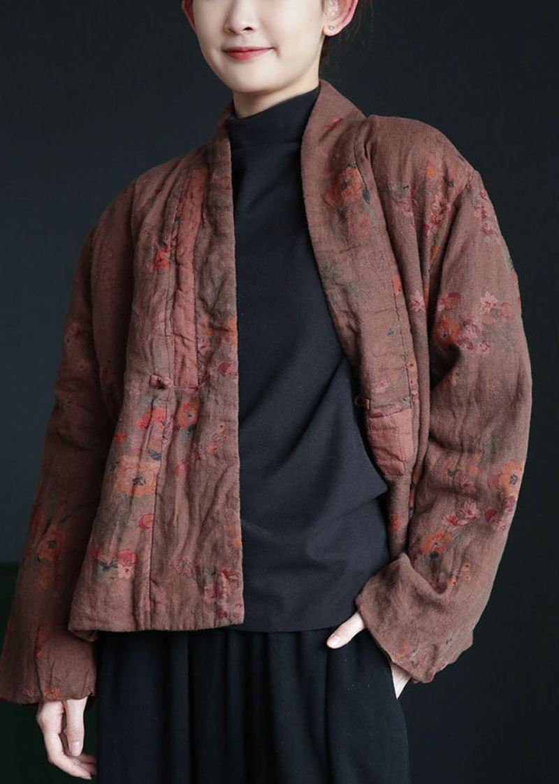 Chic Coffee Oriental Button Patchwork Print Fine Cotton Fylt Coats Winter - Vinterfrakker for kvinner