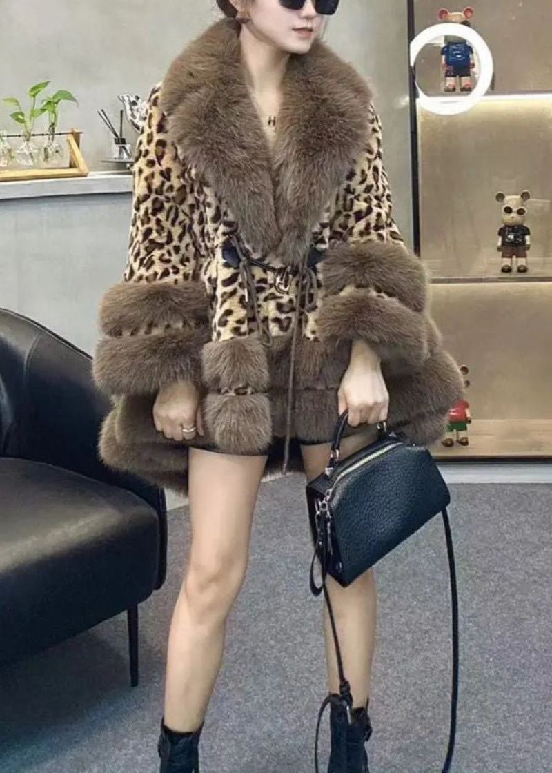 Chic Leopard Peter Pan Krage Snøring Patchwork Fuzzy Fur Fluffy Coats Vinter