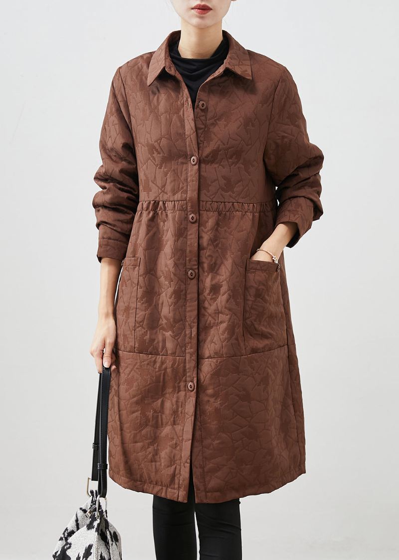 Coffee Patchwork Fine Bomullsfylte Kåper Oversized Jacquard Winter - Vinterfrakker for kvinner