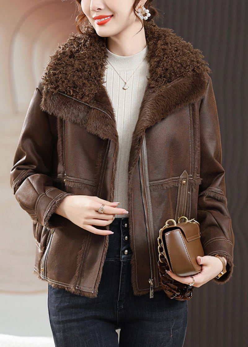 Coffee Zip Up Patchwork Fuzzy Fur Coats Pelskrage Langermet