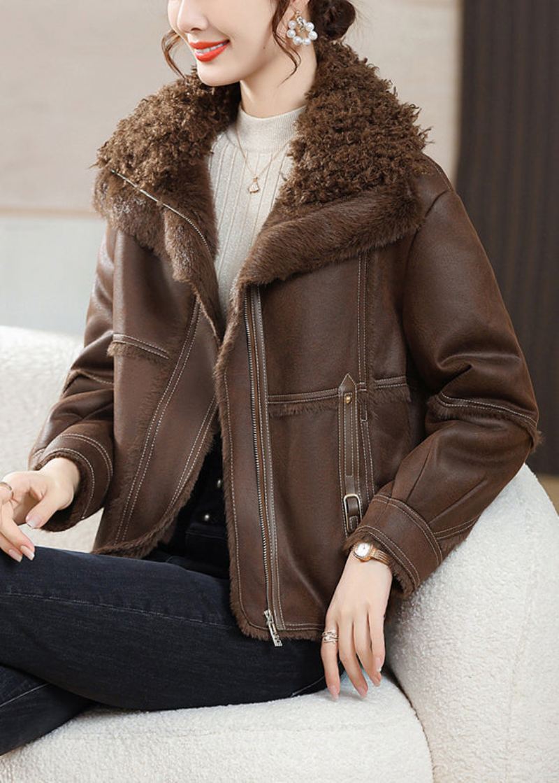 Coffee Zip Up Patchwork Fuzzy Fur Coats Pelskrage Langermet - Vinterfrakker for kvinner