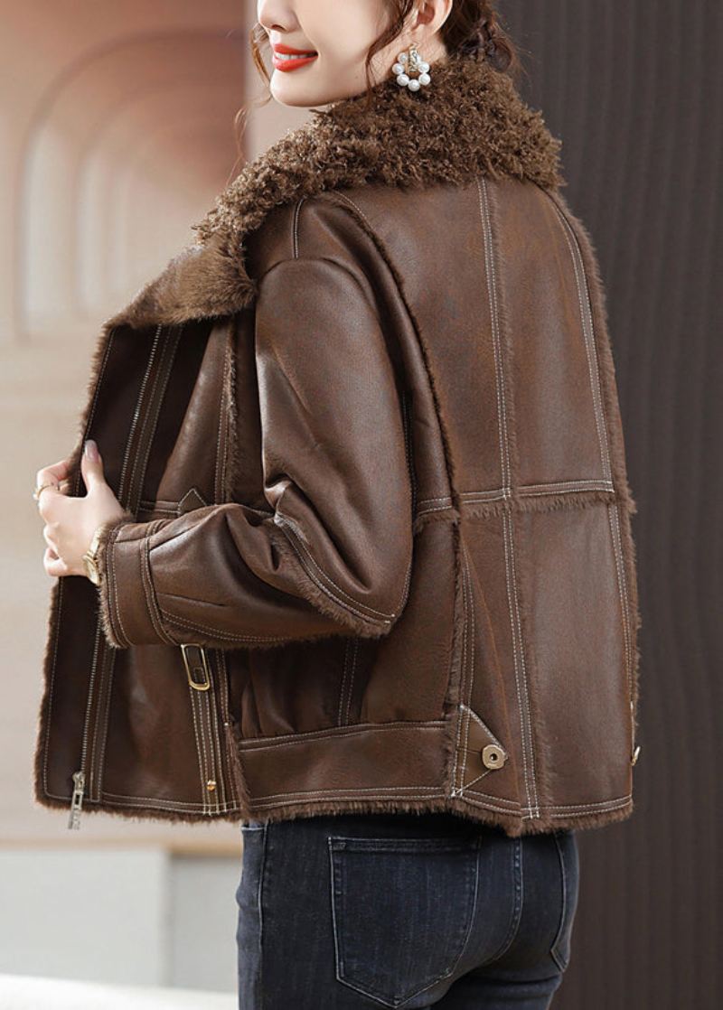 Coffee Zip Up Patchwork Fuzzy Fur Coats Pelskrage Langermet - Vinterfrakker for kvinner