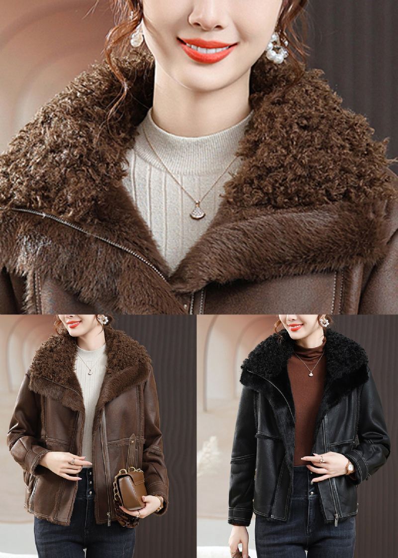 Coffee Zip Up Patchwork Fuzzy Fur Coats Pelskrage Langermet - Vinterfrakker for kvinner