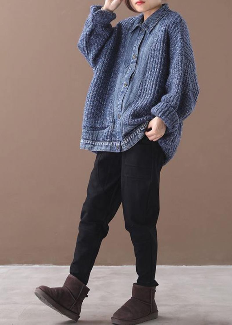 Dame Blå Genser Bluse Jakkeslag Krage Oversize Patchwork Gensere - Blå