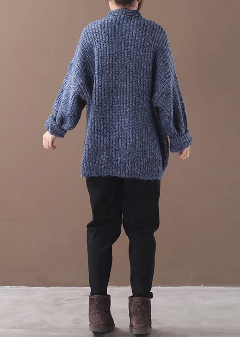 Dame Blå Genser Bluse Jakkeslag Krage Oversize Patchwork Gensere - Blå