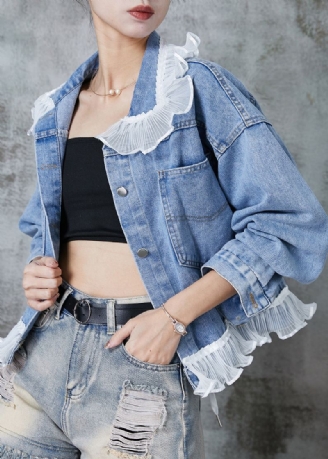 Dame Blå Ruffled Patchwork Denim Coats Spring