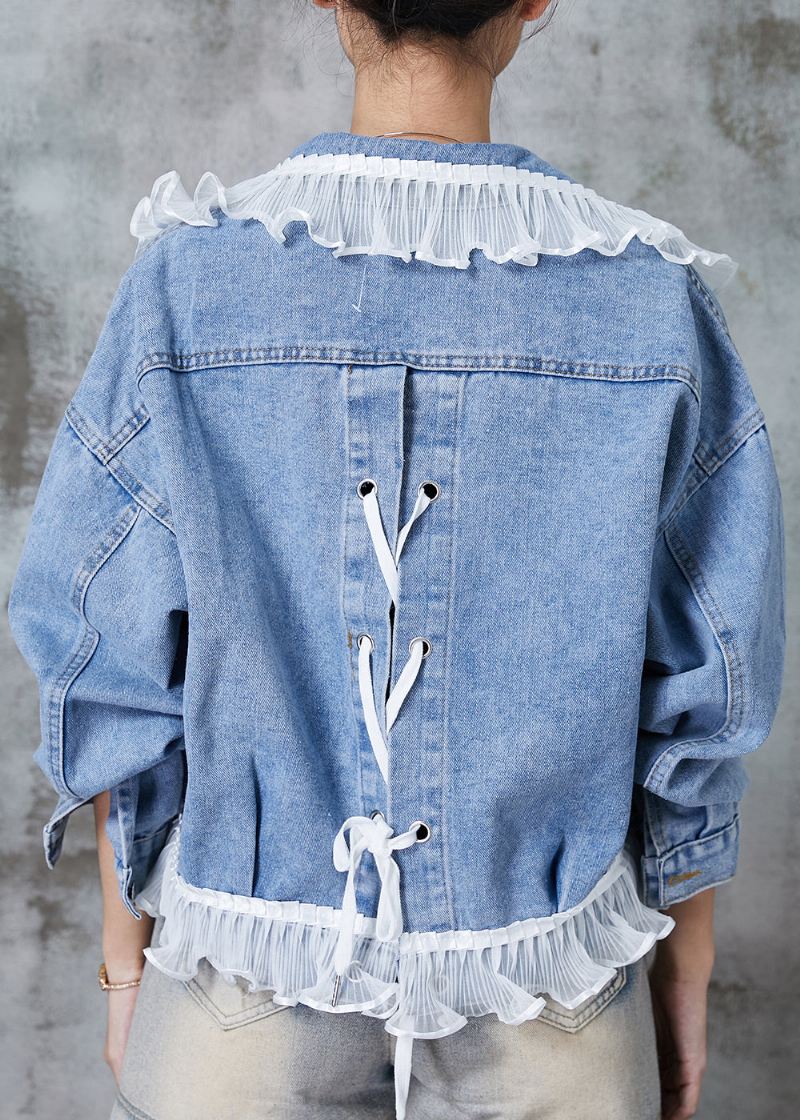 Dame Blå Ruffled Patchwork Denim Coats Spring - Vinterfrakker for kvinner