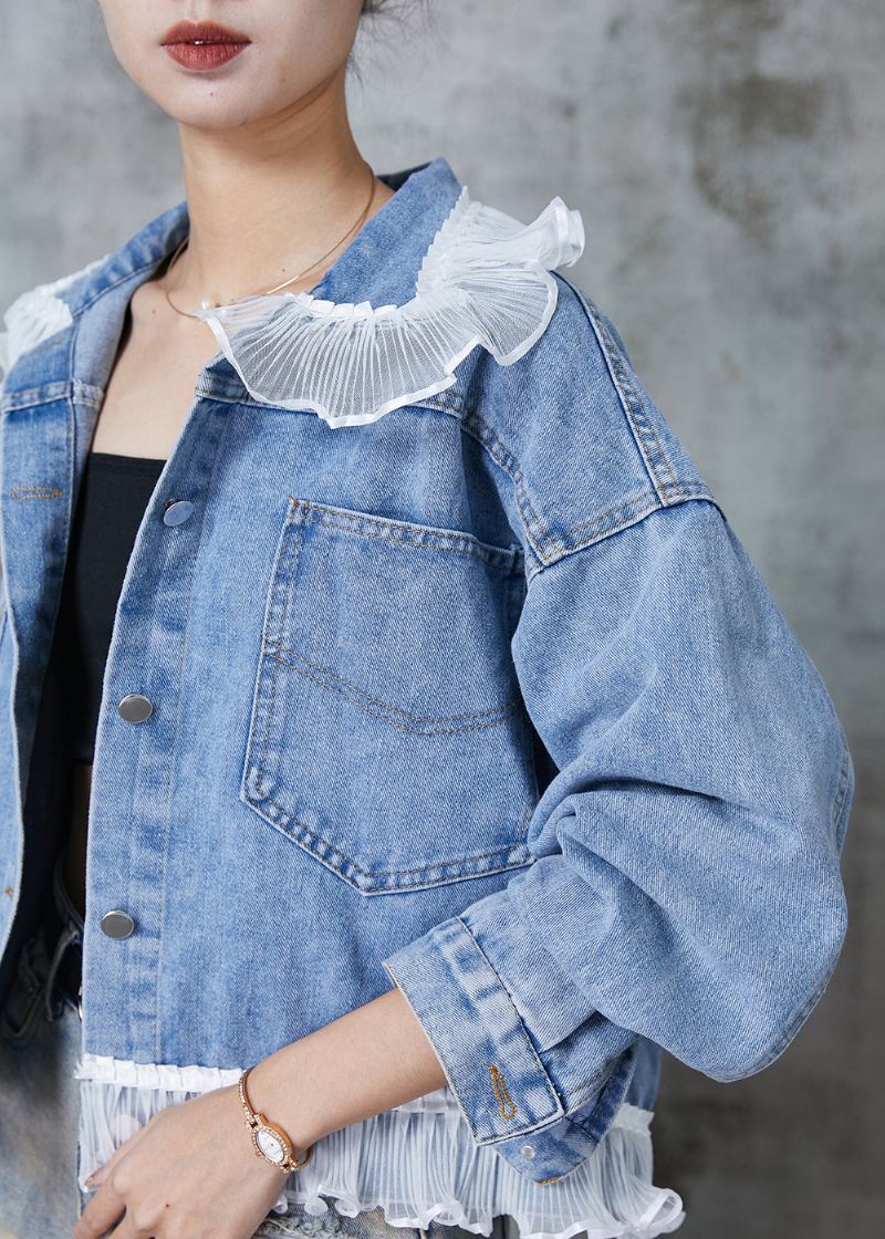 Dame Blå Ruffled Patchwork Denim Coats Spring - Vinterfrakker for kvinner