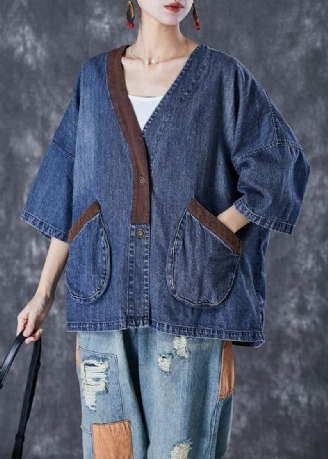 Dame Blå V-hals Patchwork Lommer Denim Kåper Sommer