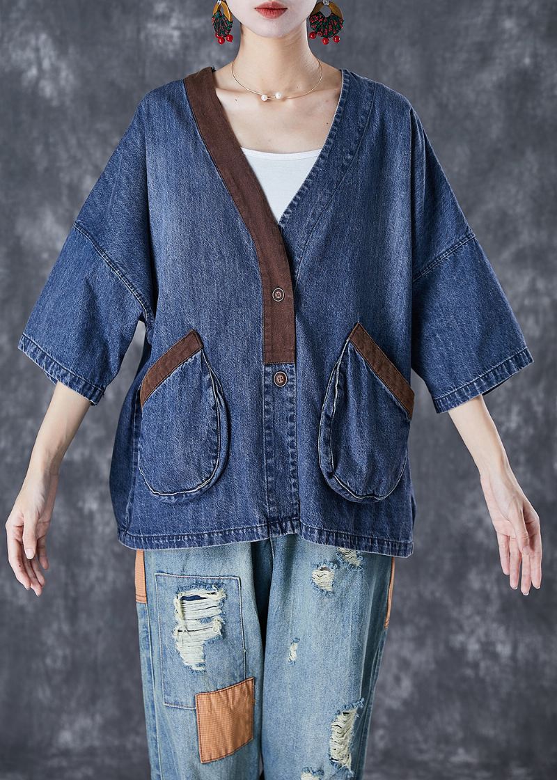 Dame Blå V-hals Patchwork Lommer Denim Kåper Sommer - Vinterfrakker for kvinner