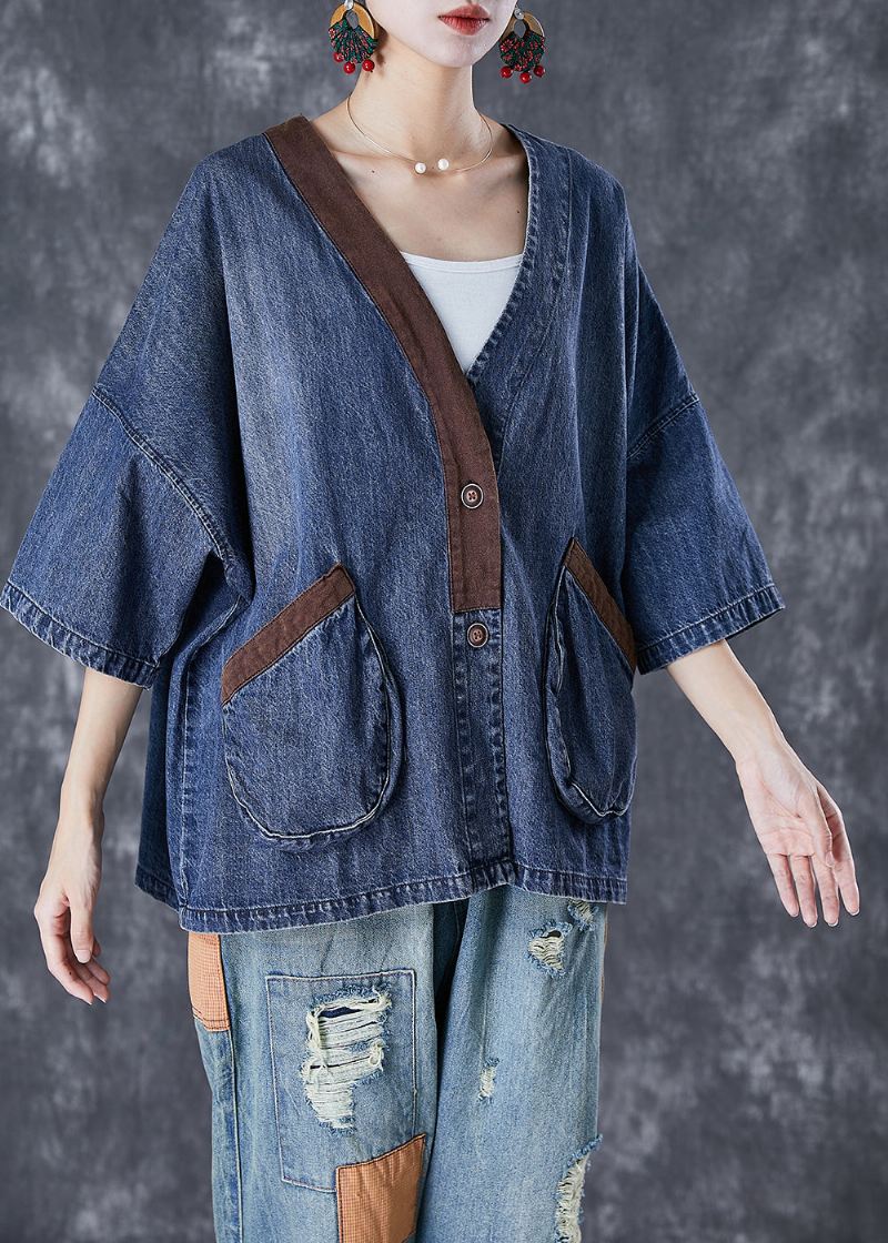 Dame Blå V-hals Patchwork Lommer Denim Kåper Sommer - Vinterfrakker for kvinner