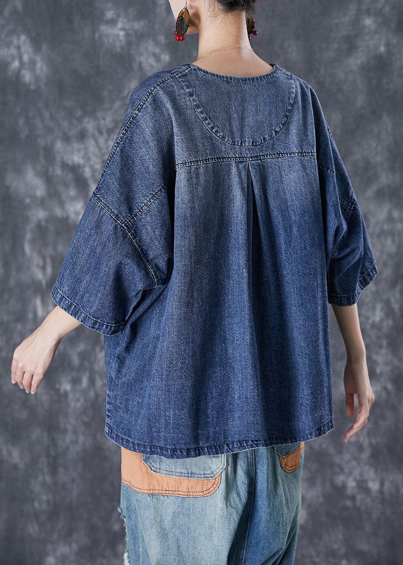 Dame Blå V-hals Patchwork Lommer Denim Kåper Sommer - Vinterfrakker for kvinner