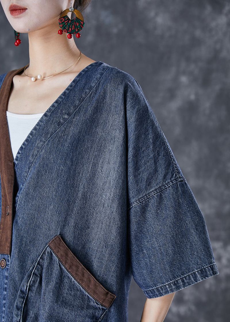 Dame Blå V-hals Patchwork Lommer Denim Kåper Sommer - Vinterfrakker for kvinner