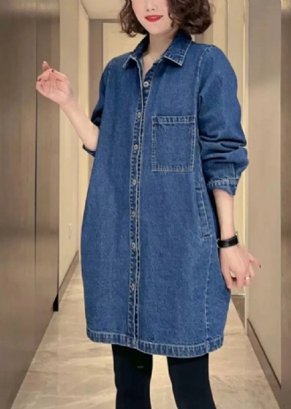 Dame Denim Blå Lommer Patchwork Button Coat Fall