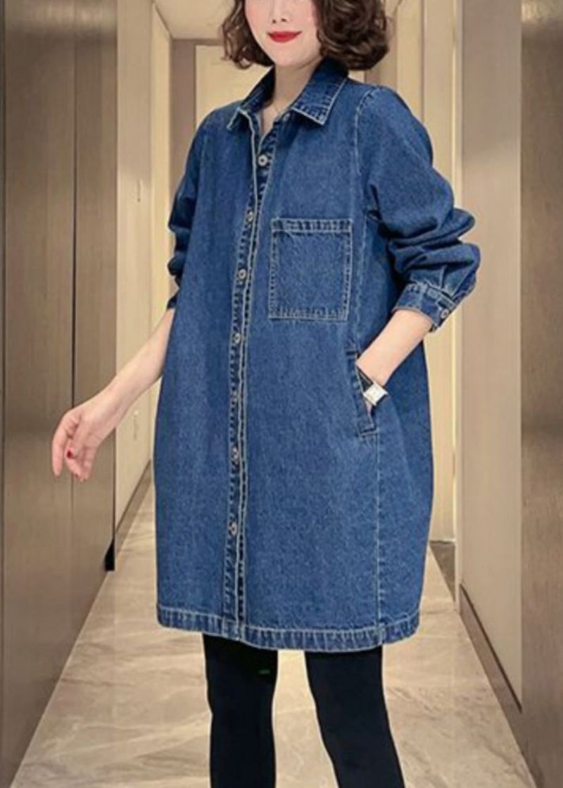 Dame Denim Blå Lommer Patchwork Button Coat Fall - Vinterfrakker for kvinner