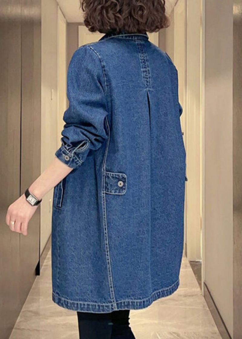 Dame Denim Blå Lommer Patchwork Button Coat Fall - Vinterfrakker for kvinner