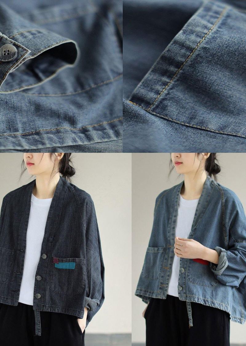 Dame Denim Svarte Kåper V-hals Button Down Vårfrakker - Svart