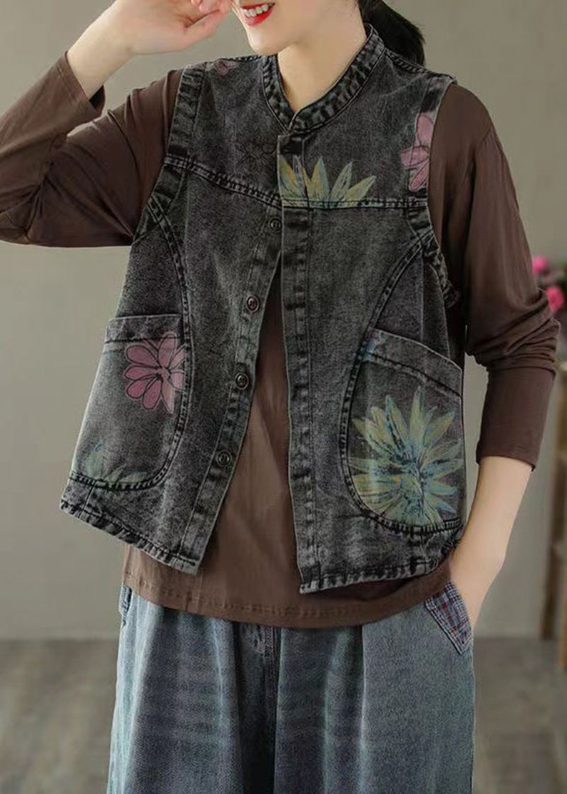 Dame Svart Grå Hals Print Denim Vest Høst