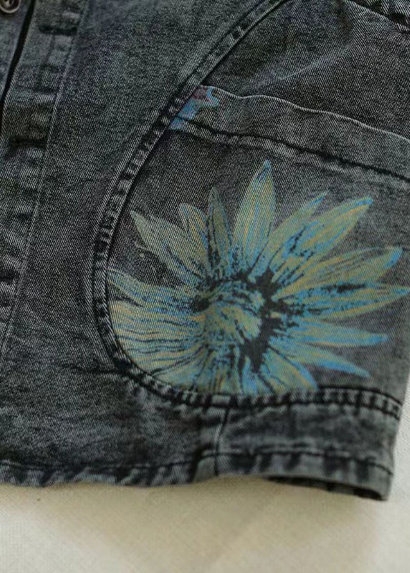 Dame Svart Grå Hals Print Denim Vest Høst - Vinterfrakker for kvinner