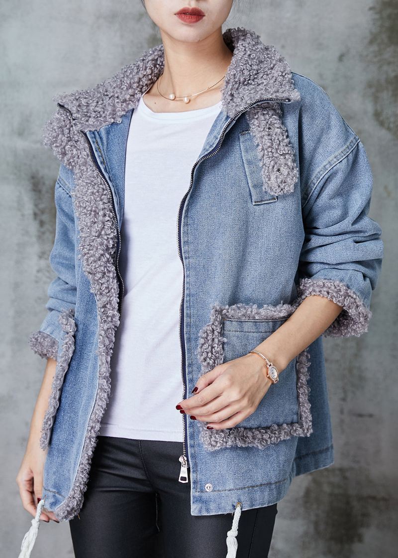 Denim Blå Patchwork Fleece Ull Foret Kåpe Oversized Vinter