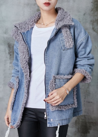 Denim Blå Patchwork Fleece Ull Foret Kåpe Oversized Vinter