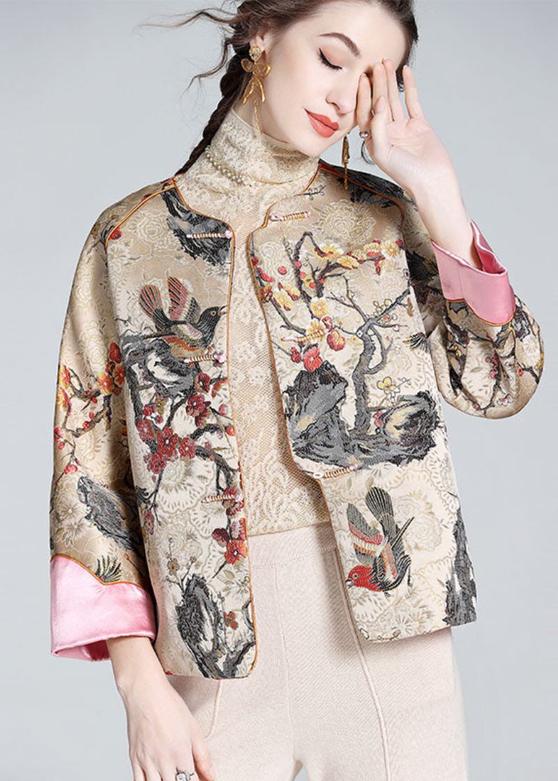 Diy Aprikos O-hals Brodert Patchwork Kinesisk Button Silk Coats Spring