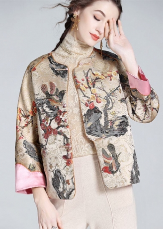 Diy Aprikos O-hals Brodert Patchwork Kinesisk Button Silk Coats Spring