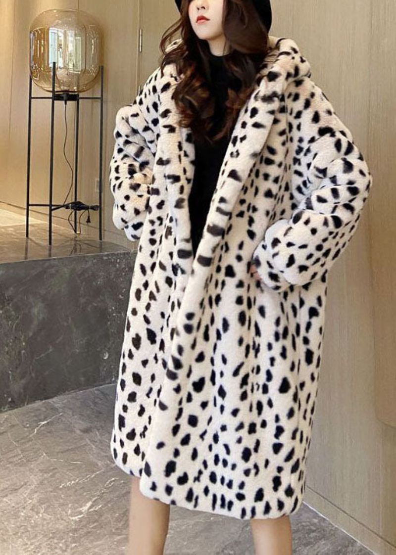 Diy Beige Hette Leopard Print Fuzzy Fur Fluffy Coat Vinter - Vinterfrakker for kvinner