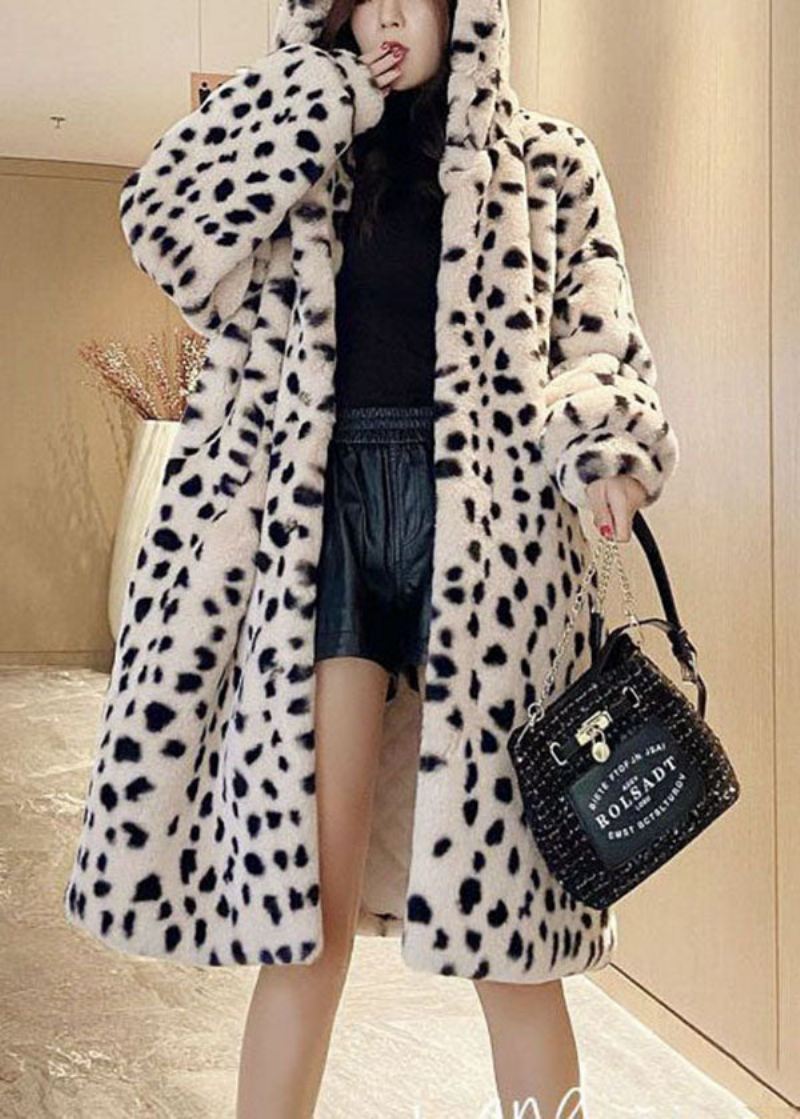 Diy Beige Hette Leopard Print Fuzzy Fur Fluffy Coat Vinter - Vinterfrakker for kvinner