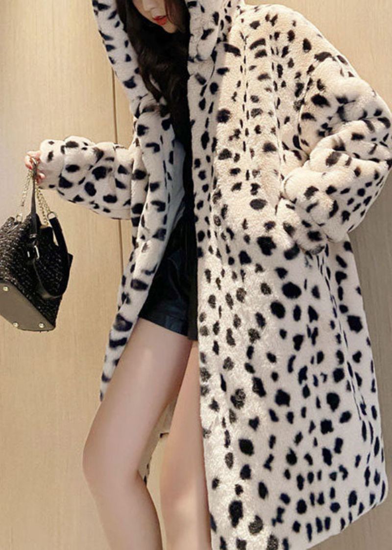 Diy Beige Hette Leopard Print Fuzzy Fur Fluffy Coat Vinter - Vinterfrakker for kvinner