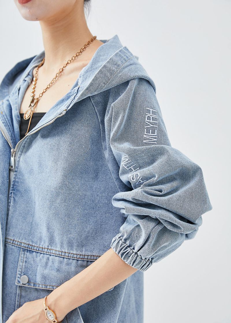 Diy Blue Hooded Letter Brodert Denim Coat Fall - Vinterfrakker for kvinner