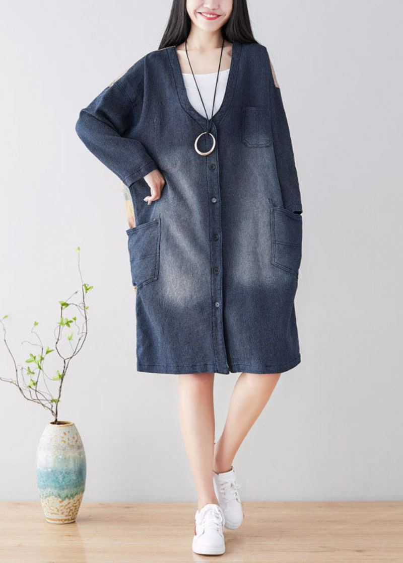 Diy Blue V Neck Patchwork Trenchcoats Vår