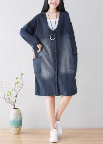 Diy Blue V Neck Patchwork Trenchcoats Vår