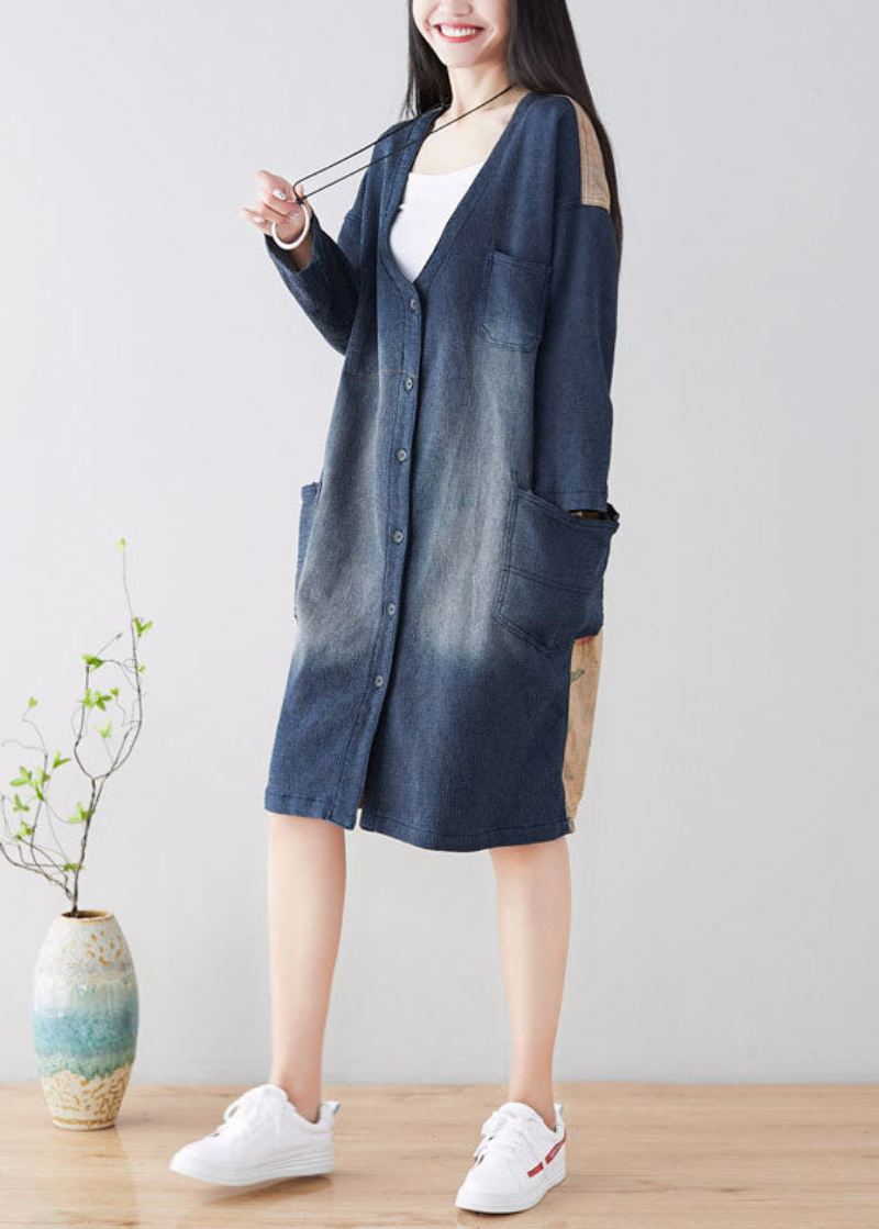 Diy Blue V Neck Patchwork Trenchcoats Vår - Blå