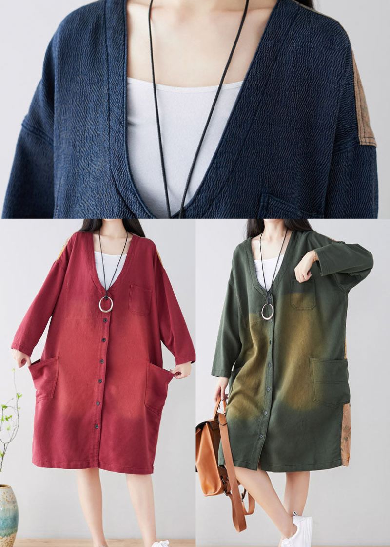 Diy Blue V Neck Patchwork Trenchcoats Vår - Blå