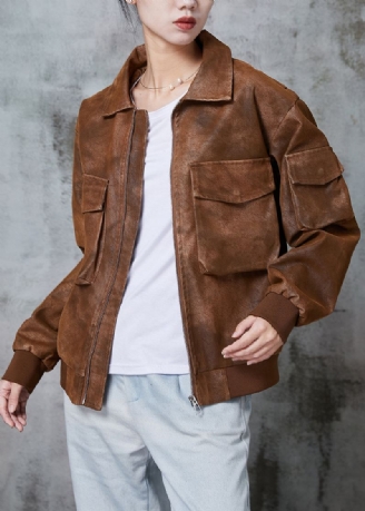 Diy Brune Overdimensjonerte Lommer Faux Leather Coats Spring