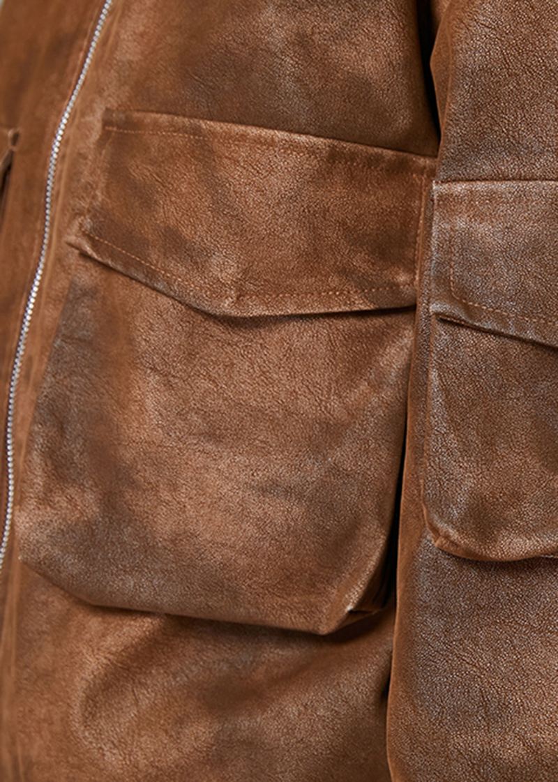 Diy Brune Overdimensjonerte Lommer Faux Leather Coats Spring - Vinterfrakker for kvinner