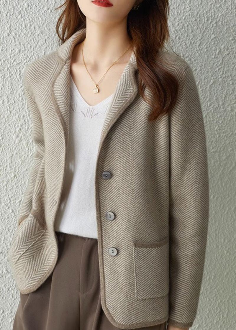 Diy Camel Notched Stripet Patchwork Button Strikke Coats Fall